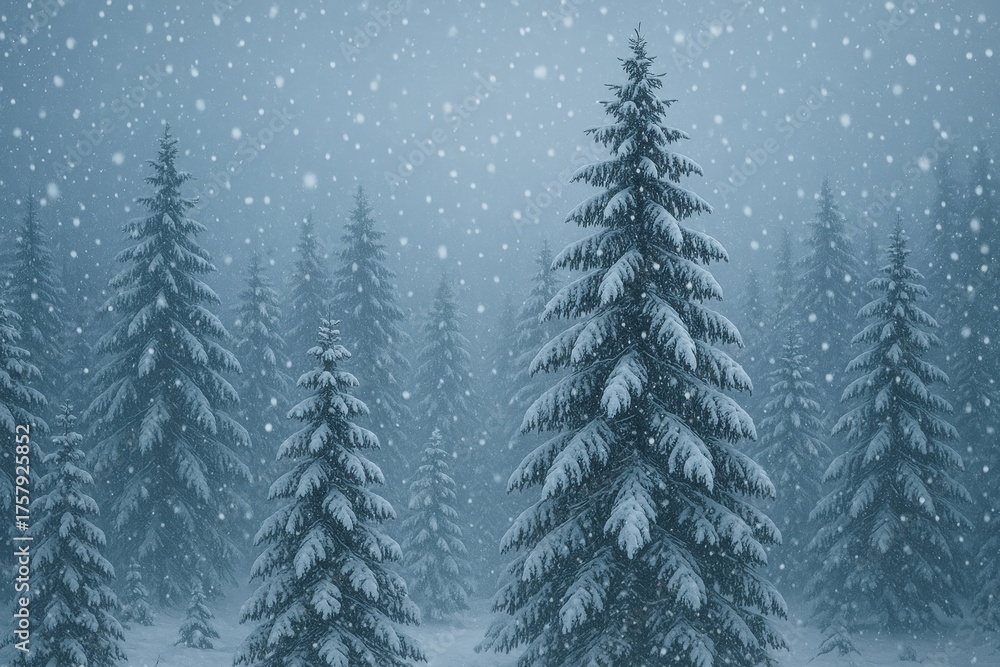 Obraz premium Snowy forest with falling snowflakes background