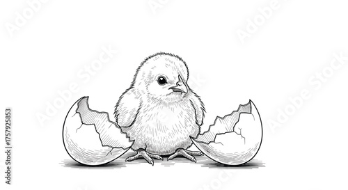 A fluffy baby chick emerges from its cracked eggshell ready to explore the world.