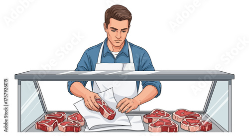 fresh market service expert tending to premium meat case offerings, isolated on transparent background