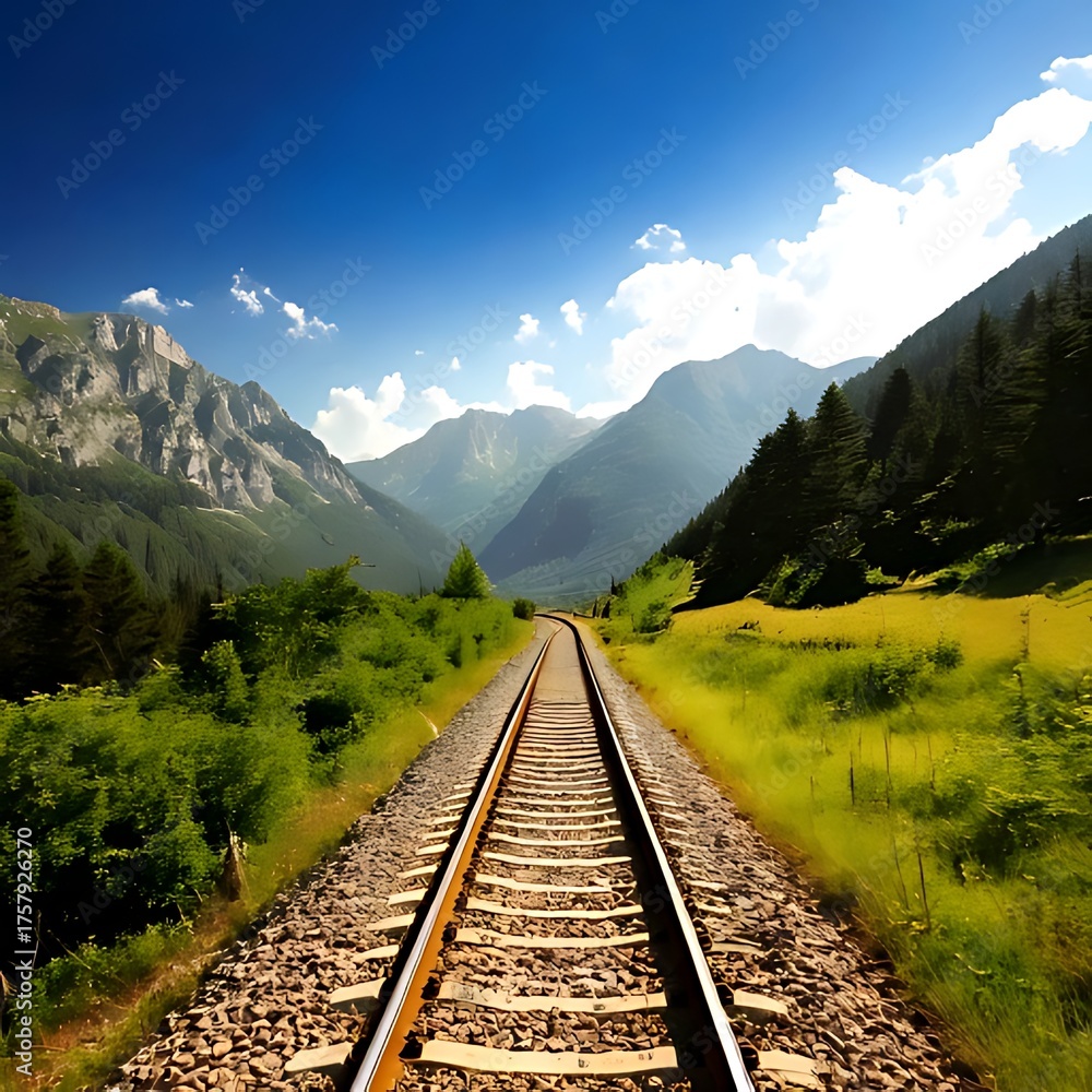 Fototapeta premium Perspective view of train tracks leading into a mountain valley under blue sky