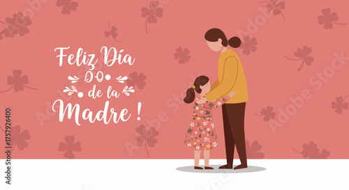 Mother and daughter hugging on pink background with floral pattern for Mother's Day celebration