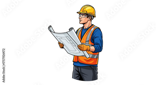 dedicated supervisor inspects blueprints, guaranteeing construction safety and project precision, isolated on transparent background