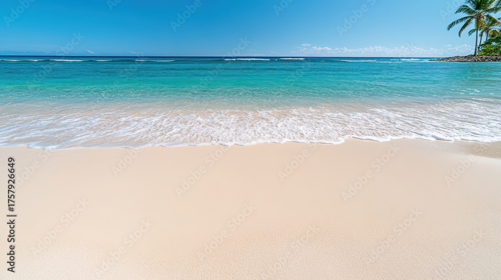 Obraz premium Serene tropical beach with turquoise water and soft white sand invites relaxation
