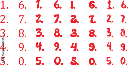 Red handwritten numbers set in multiple styles, artistic numerals from 0 to 9 with textured brush and ink variations, creative typography for design, posters, labels, or digital illustration projects.