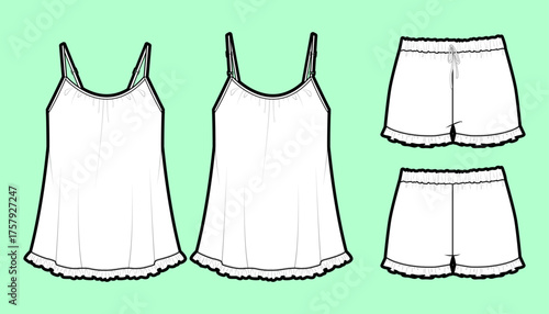 Women's Ruffle Hem Cami Top and Shorts Sleepwear Set Flat Sketch