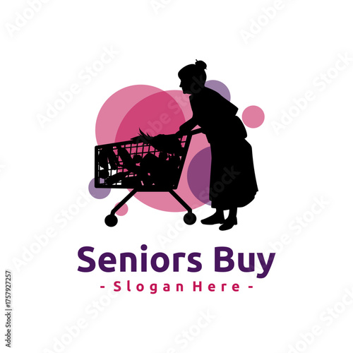 Grandma shopping logo vector. Elderly woman shopping with a cart, featuring modern geometric background shapes in purple and pink.