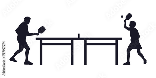 Vector silhouette of two elderly people playing pickleball at a table. Represents active aging, sport, fitness, and healthy lifestyle