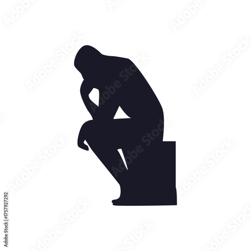 Vector silhouette of a man sitting and thinking, inspired by classic art sculpture.  Vector illustration isolated on white background
