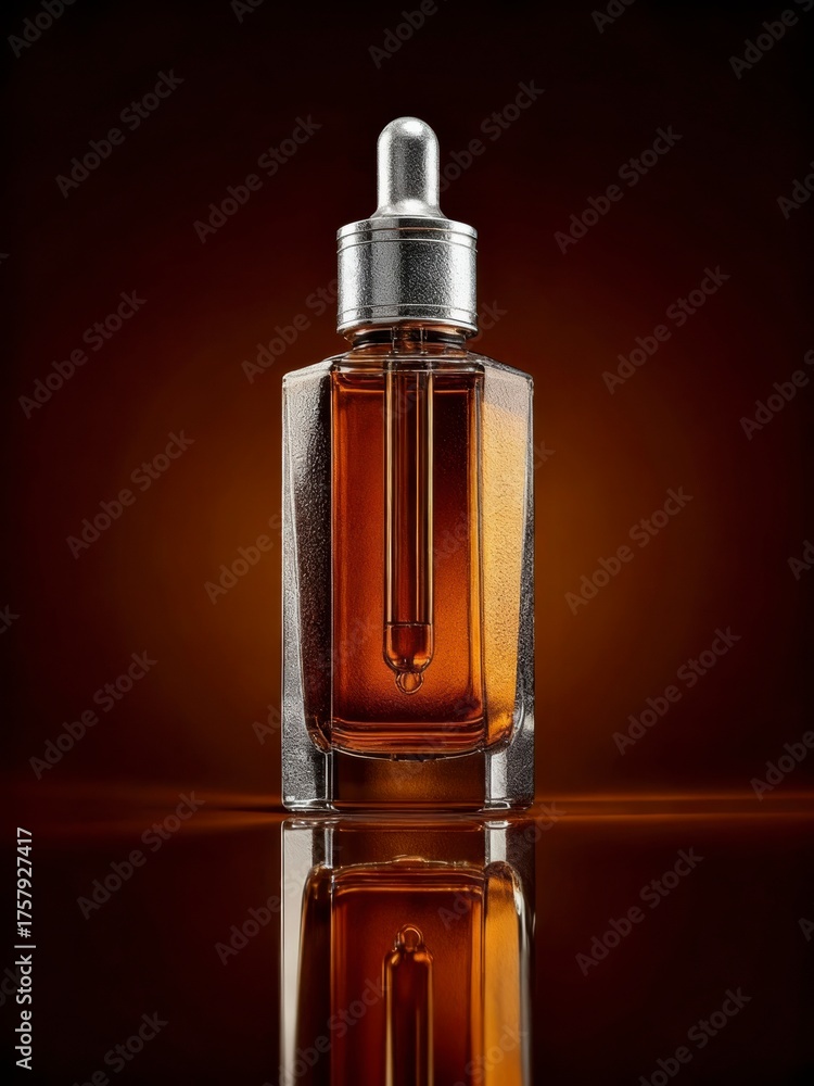 Naklejka premium An amber fragrance bottle with a silver cap is lit minimally to convey a luxurious mood. 