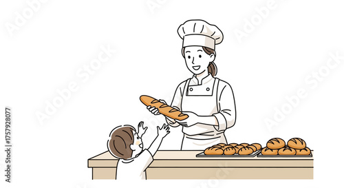 freshly baked joy baker shares warm baguette with eager happy child, isolated on transparent background
