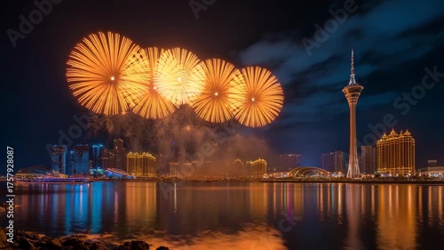 Fireworks explode over Macau city skyline 