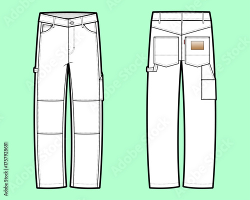 Cargo Work Pants Technical Flat Sketch Front and Back View