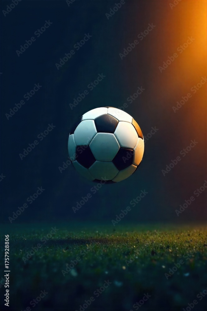 Fototapeta premium Dynamic motion of a football in flight. A soccer ball captured mid flight, with a dramatic motion blur conveying extreme speed and a parabolic arc against a gradient background. Focus on the ball s