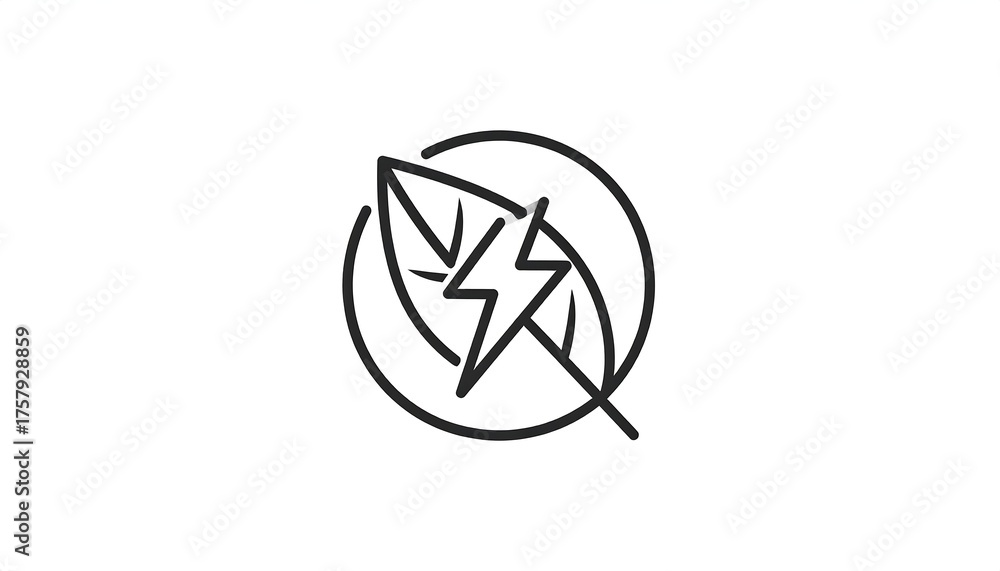 Fototapeta premium Monochromatic emblem of a leaf with a lightning bolt within a circle