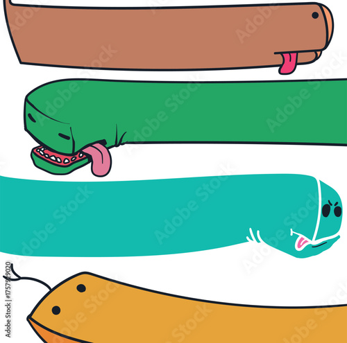 Horizontal and long animals or snakes or characters with funny faces.