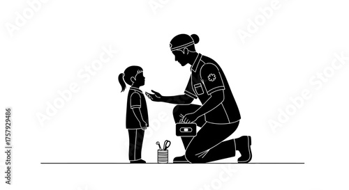 kind responder offering comfort and gentle first aid to a child, isolated on transparent background