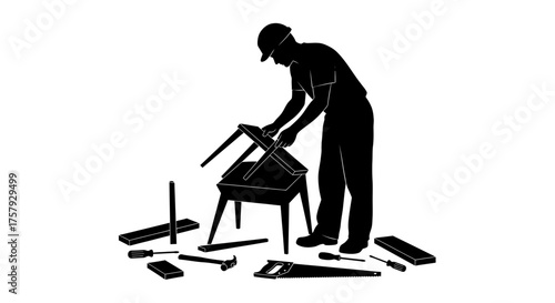 dedicated craftsman assembling a chair, bringing vision to tangible form, isolated on transparent background