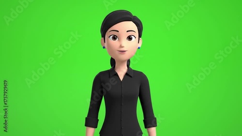 A simple and clean 3D animated female avatar in a black shirt, presented on a green screen background. Perfect for presentations, explainer videos, or corporate animations.