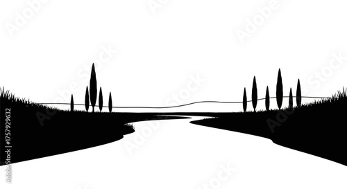 silent waters wind through a timeless, peaceful, silhouette world, isolated on transparent background