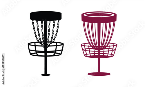 Two disc golf baskets illustration black and burgundy design element