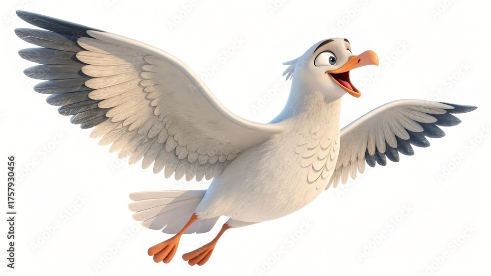 Obraz premium A cartoon white seagull with orange beak and feet flying joyfully against a bright white background