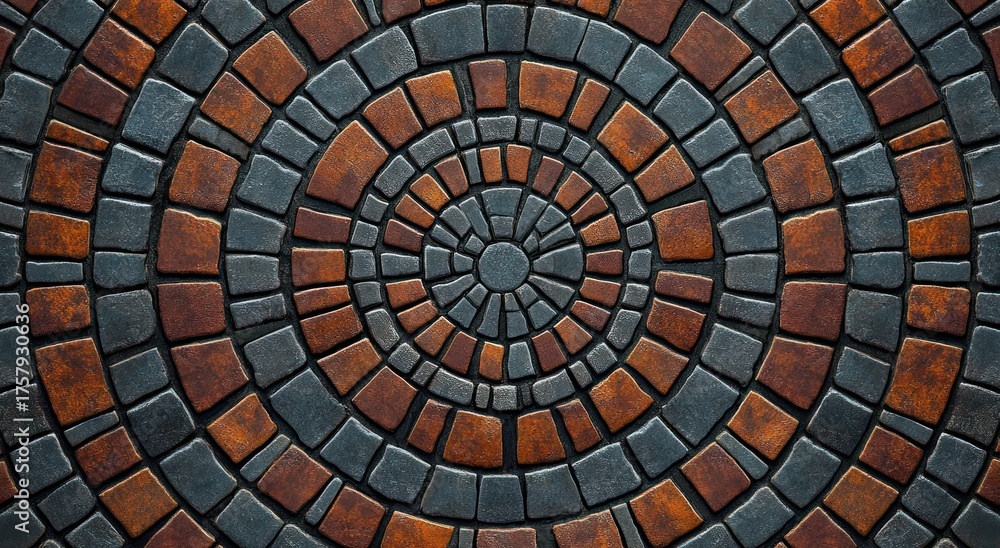 Fototapeta premium circular stone mosaic pattern with alternating gray and reddish-brown rectangular tiles creating a spiral effect