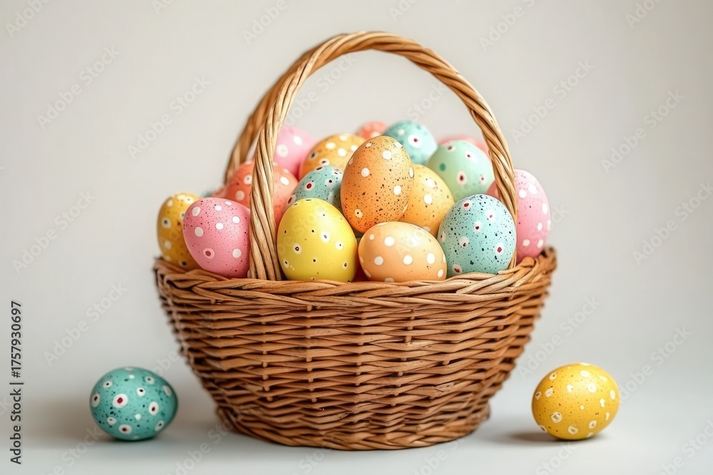 Naklejka premium Woven wicker basket filled with colorful speckled eggs in pastel shades with two eggs placed beside it on a neutral background
