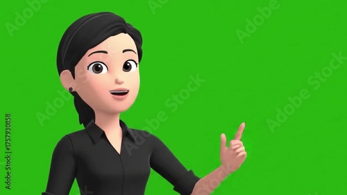 A simple and clean 3D animated female avatar in a black shirt, presented on a green screen background. Perfect for presentations, explainer videos, or corporate animations.