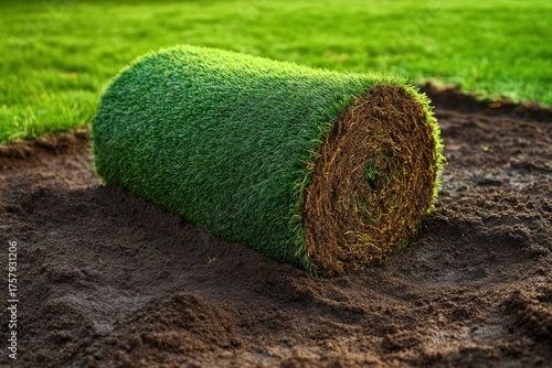 Rolled up fresh green turf placed on dark fertile soil for landscaping or gardening purposes
