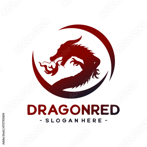 Vector dragon logo design in red circular silhouette style. Strong and powerful mythical creature emblem.