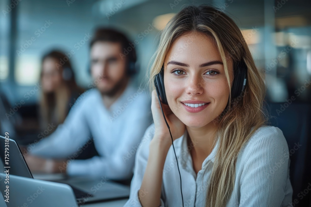 Fototapeta premium Young woman with headset smiling at camera while working on laptop in modern office with colleagues in background