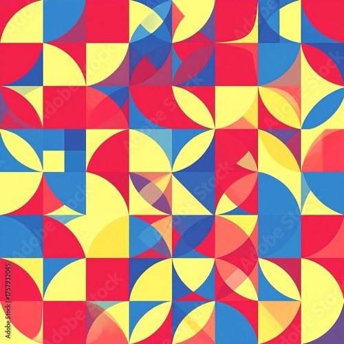 A vibrant and intricate pattern featuring a variety of geometric shapes, including circles, triangles, and squares, in a lively array of colors.