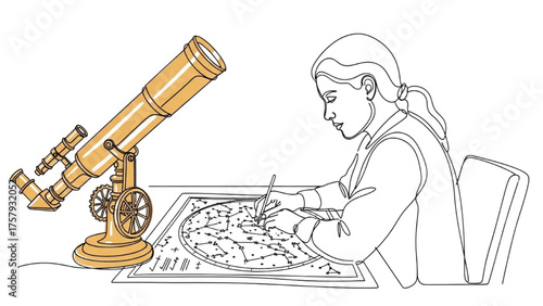 High-Quality Black Continuous Line Art of Person Studying Star Chart or Telescope – Symbol of Astrological Study and Interpretation