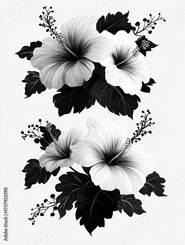 Monochrome digital illustration of two clusters of hibiscus flowers with delicate petals, surrounded by large dark leaves and small berry-like buds, evoking elegance and calmness