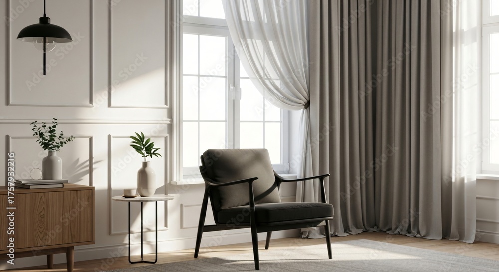 Fototapeta premium Modern living room interior with armchair side table cabinet plants and natural light from window