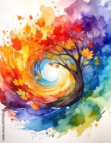 A vibrant tree painted in watercolor, showcasing a spectrum of colors blending harmoniously, with delicate brush strokes highlighting its leaves and branches.