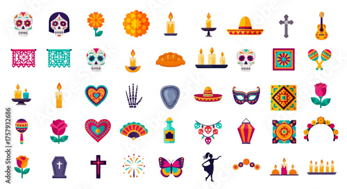ía de los Muertos Flat Vector Icon Set – Colorful Mexican Festival Icons