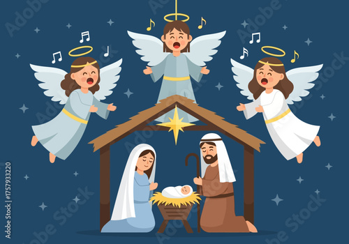 Nativity Scene with Holy Family and Angels Singing Carols.