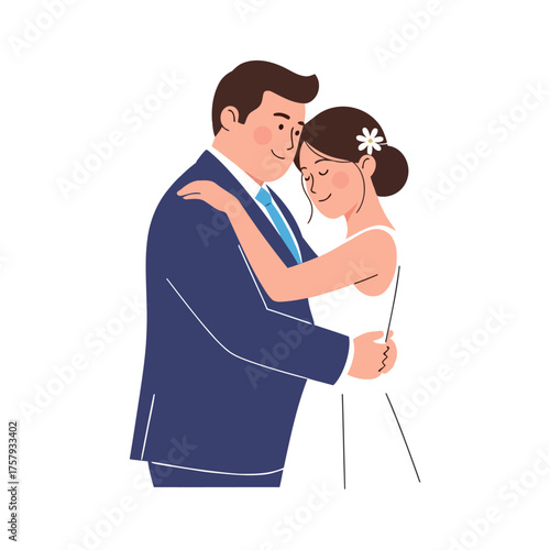 Flat vector illustration of a bride and groom lovingly embracing each other on their wedding day. The groom wears a blue suit, and the bride is dressed in a white gown with a flower in her hair. Perfe