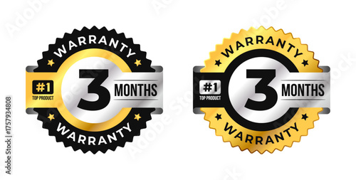 Premium 3 months warranty circle badge vector with black, gold and silver colors. Perfect for product guarantee, icon, logo, symbol, seal, stickers, quality assurance, label, certification