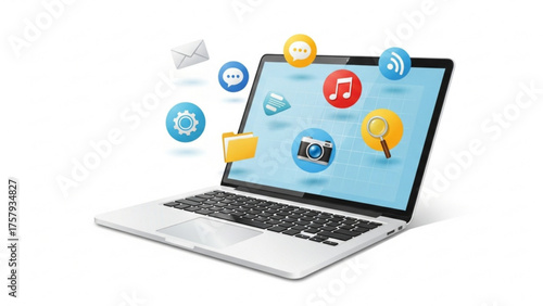 Laptop with digital icons representing various applications and cloud computing services, symbolizing modern technology and connectivity