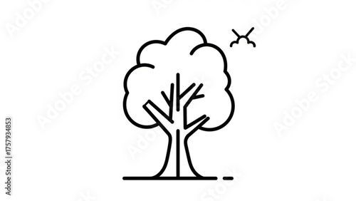 A simple, minimalist line art illustration of a deciduous tree with branches and a small sun or cloud icon in the upper right corner, evoking nature and simplicity