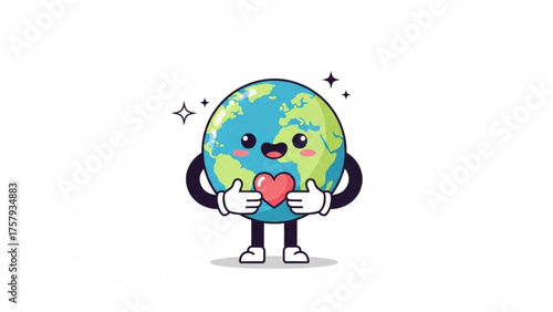 Cute cartoon Earth character holding a heart symbol, representing love and care for the planet, ideal for environmental awareness campaigns and eco-friendly messaging