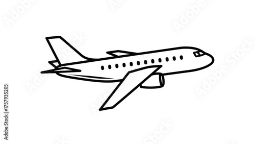 A simple black and white outline illustration of a passenger jet airplane in flight, showcasing its wings, fuselage, and tail, perfect for travel and aviation themes