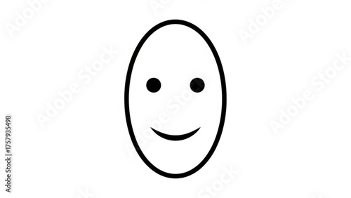 A simple, minimalist, black and white icon of an oval face with two black dots for eyes and a curved line for a mouth, representing a happy or content expression