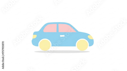 A minimalist and simplified illustration of a light blue sedan car with pink-tinted windows and yellow circular wheels, presented on a plain white background with subtle shading