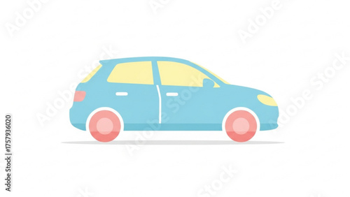 A simple cartoon drawing of a light blue car with red wheels, parked in a white background, representing transportation and personal vehicles
