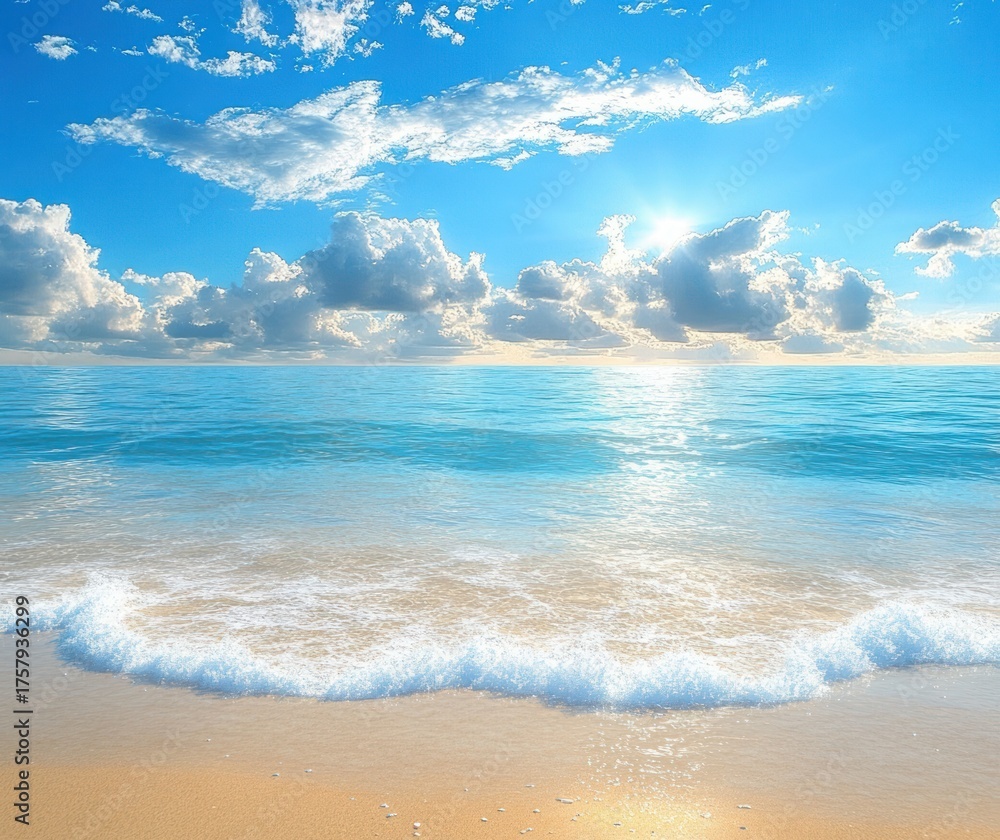 Obraz premium calm ocean waves gently washing onto a sandy beach under a bright sunny sky with scattered clouds