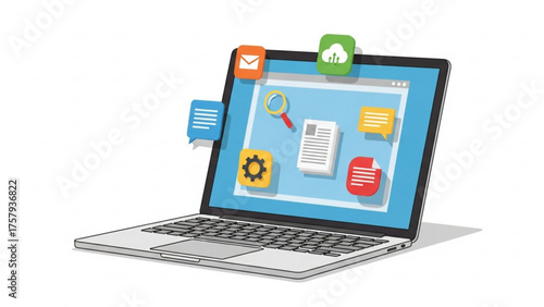 Laptop with interface design, applications and software, technology and digital concept with email, cloud, search, document, settings, and other icons