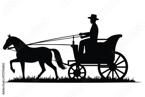 Black silhouette of horse drawn carriage with driver on grass